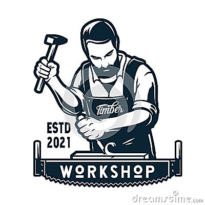 Bearded carpenter with saw chisel. Carpentry logo Vector Illustration