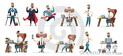 Bearded charming business men in different situations and poses. Manager character design. Businessman collection. Vector Illustration