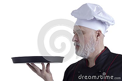 Bearded chef with tray in hands Stock Photo