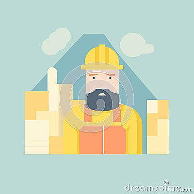 Bearded construction worker with helmet standing in front of building site. Serious male builder in safety gear and Vector Illustration
