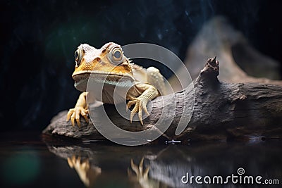 bearded dragon lying on rock, illuminated by lamp Stock Photo
