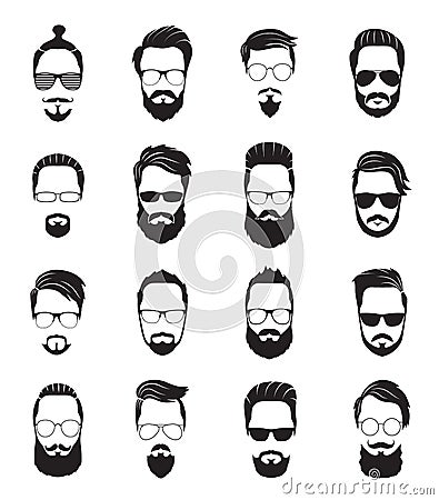 Bearded face. Black men beards. Handsome model hairstyling, portrait face old hipster. Isolated young trendy guys with Vector Illustration