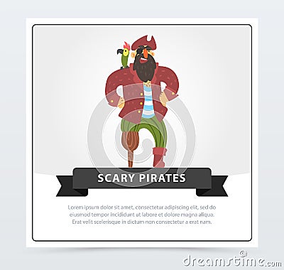Bearded filibuster with wooden leg, parrot sitting on his shoulder, scary pirates banner, flat vector ilustration Vector Illustration