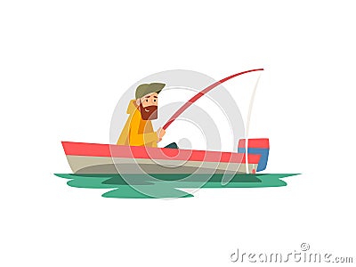 Bearded Fisherman Sitting in Boat with Fishing Rod, Fishman Character Wearing Raincoat Vector Illustration Vector Illustration
