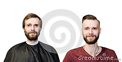 Bearded guy before after haircut Concept for a barber shop: the problem man of hair loss, transplantation, isoladed Stock Photo