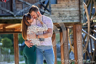 Bearded guy in love with brunette cutie Stock Photo