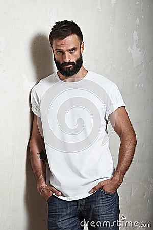 Bearded guy wearing white t-shirt Stock Photo