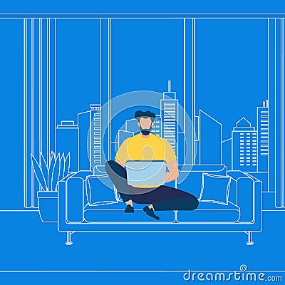 Bearded Guy Working on Laptop on Blue Background Vector Illustration