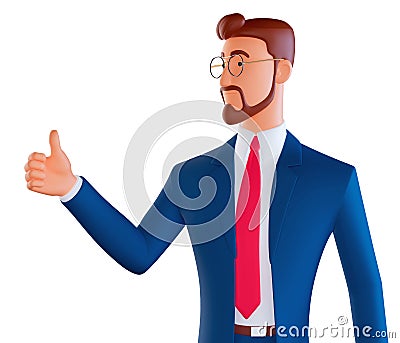 Bearded happy man shows thumb up. Gesture cool. 3d illustration in cartoon style isolated on white background. Cartoon Illustration