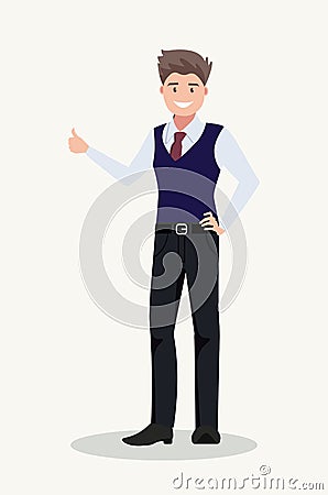 Bearded happy man shows thumb up. Gesture cool Vector Illustration