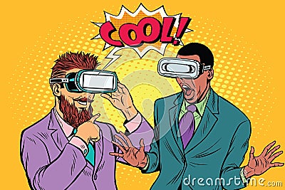 Bearded hipster and African American cool emotions in VR glasses Vector Illustration