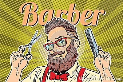 Bearded hipster barber with scissors and comb Vector Illustration
