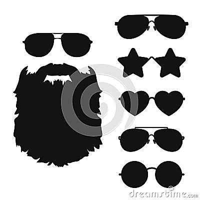 Bearded hipster face black silhouette and Sunglasses icon collection. Vector Illustration