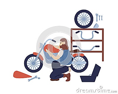 Bearded hipster guy motorcycle customization at service vector flat illustration. Mechanic man assemble in parts Vector Illustration