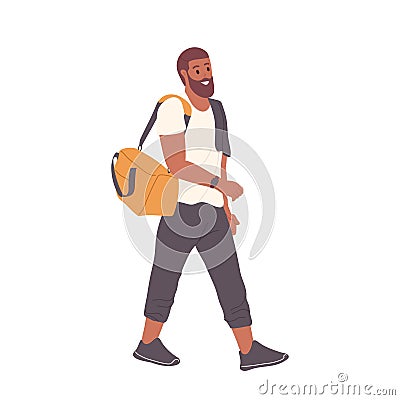 Bearded hipster man athlete wearing sport clothes carrying fit bag going for fitness to gym class Vector Illustration