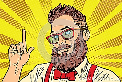 Bearded hipster man portrait pointing finger Vector Illustration