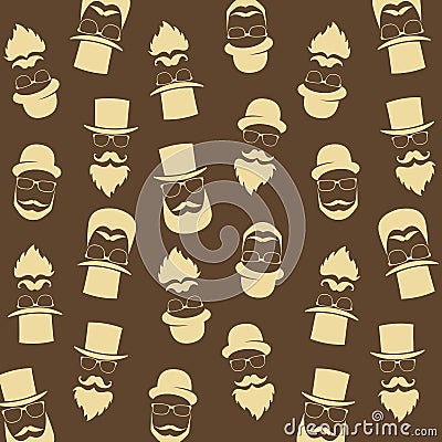 Bearded hipster pattern with glasses, moustaches, hat. Gentleman Vector Illustration