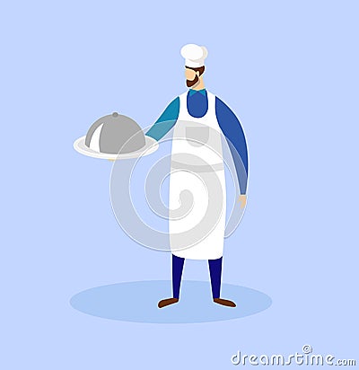 Chef Holding in Hands Tray with Dish Under Cloche. Vector Illustration