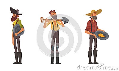 Bearded Male Prospector Character Gold Mining Holding Pan and Shovel Vector Set Vector Illustration