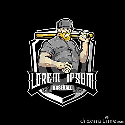 Bearded man with a baseball bat sport badge logo template Vector Illustration