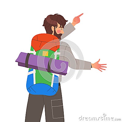 Bearded Man Character with Backpack Standing and Pointing Finger Up Engaged in Hiking in the Mountains Back View Vector Stock Photo