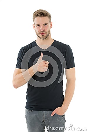 Bearded man classic hairstyle show thumb up hand gesture. Man with stylish hair and healthy skin. Guy got tidy hairstyle Stock Photo