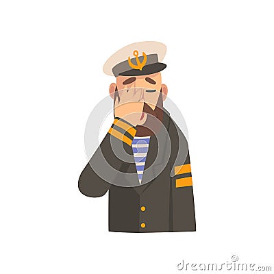 Bearded Man Covering His Face with Hand, Captaing Character in Blue Uniform Making Facepalm Gesture, Shame, Headache Vector Illustration