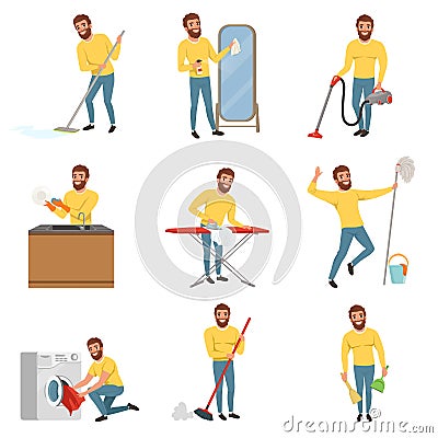 Bearded man with different household chores. Cleaning floor with mop and vacuum cleaner, washing dishes, ironing clothes Vector Illustration