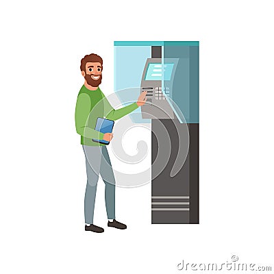 Bearded man with digital tablet in hand getting money from cash machine ATM . Banking theme. Flat vector design Vector Illustration