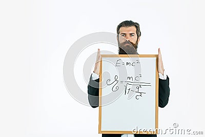 Bearded man with einstein formula and newtons law Stock Photo