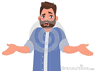 Bearded man emotionally spreads his hands. Question what`s going on or why? Vector illustration Cartoon Illustration