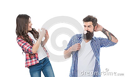 Bearded man father with photobooth lips pose for girl child taking photo with smartphone, snapshoot Stock Photo