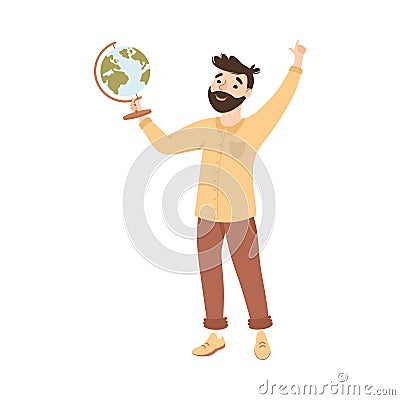 Bearded Man Geography School Teacher or Educator Holding Globe Vector Illustration Vector Illustration