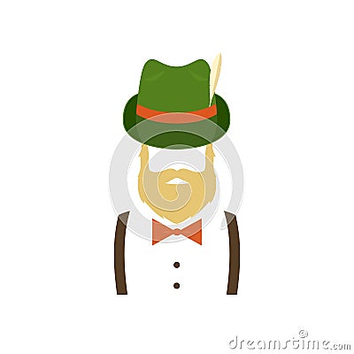 Bearded man in green traditional german hat. Vector Illustration