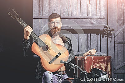 Bearded man hipster biker Stock Photo