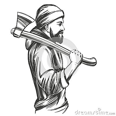 A bearded man in a hoodie holds an axe on his shoulder hand drawn vector illustration sketch Vector Illustration