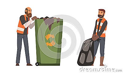 Bearded Man Janitor Wearing Orange Vest Gathering Garbage Vector Set Vector Illustration