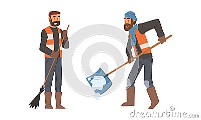 Bearded Man Janitor Wearing Orange Vest Shovel Away Snow and Sweeping Ground with Besom Vector Set Vector Illustration