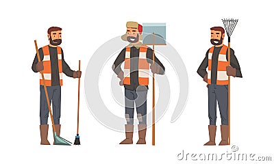 Bearded Man Janitor Wearing Orange Vest Standing with Shovel and Rake Vector Set Vector Illustration