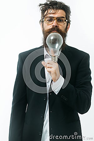 Bearded man with lamp as einstein formula symbol Stock Photo