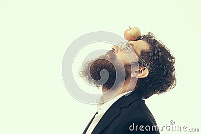 Bearded man with lamp as newtons law symbol Stock Photo