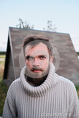 Bearded man large portrait. hipster. Forester. Stock Photo