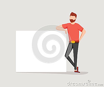 Bearded man is leaning on a blank poster. A place to post your advertisement or other information. Advertising. Vector Illustration