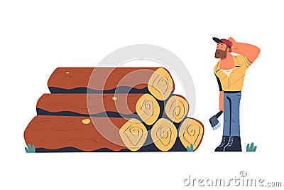 Bearded Man Logger or Lumberjack in Checkered Shirt Standing Near Log Pile with Axe Scratching Head Vector Illustration Vector Illustration