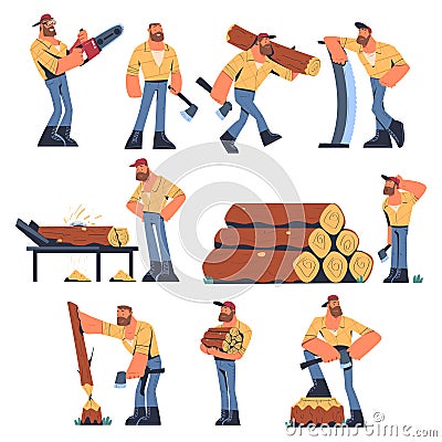 Bearded Man Logger or Lumberjack Cutting Tree Trunk Vector Set Vector Illustration