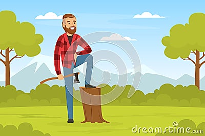 Bearded Man Lumberjack or Woodman in Red Checkered Shirt with Ax Leaning on Tree Stump Vector Illustration Vector Illustration