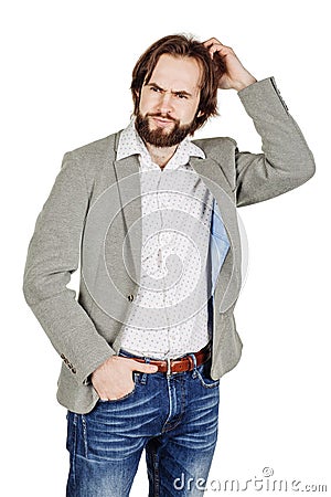 Bearded man making notes. human emotion expression and lifestyle Stock Photo