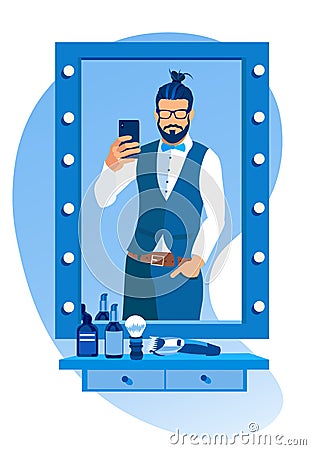 Bearded Man Making Selfie in Mirror at Barbershop Vector Illustration