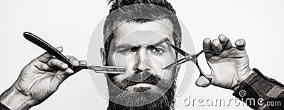 Bearded man, bearded male. Portrait of stylish man beard. Barber scissors and straight razor, barber shop. Vintage Stock Photo