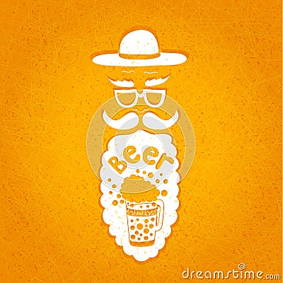A bearded man with a mustache, glasses and a stylish hat. Typographic composition in his beard. The stylized face with a beard. Vector Illustration